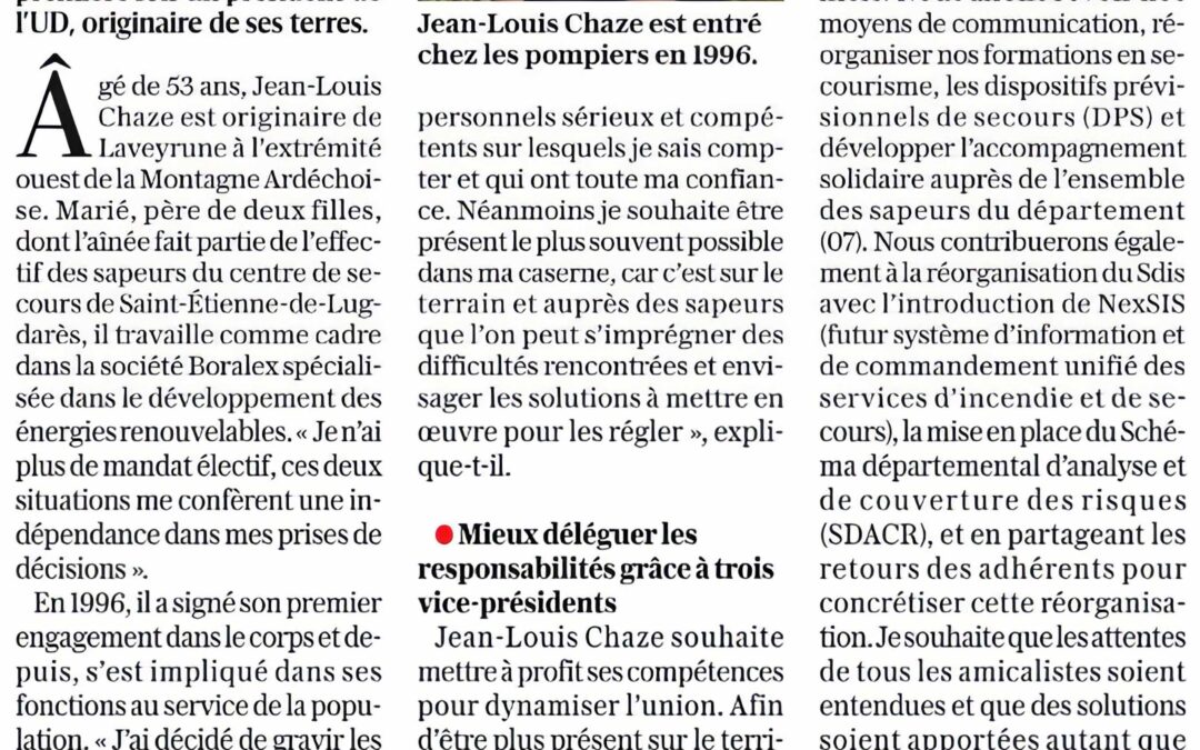 Pompiers : Jean-Louis Chaze, nouveau président de l&rsquo;Union départementale